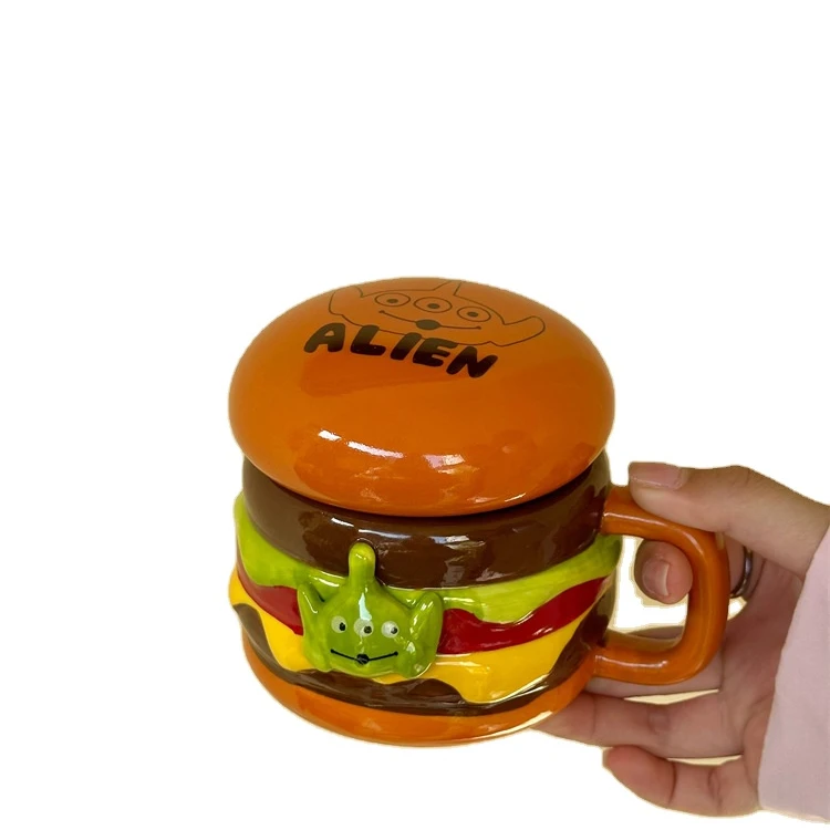 

American retro fun hamburger funny 3D large capacity mug ceramic cup with lid water cup