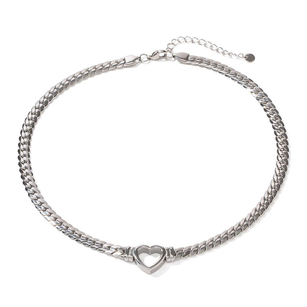 

New Trend Stainless Steel Silver Plated Cuban Chain Hollow Heart Necklace Wedding Love Heart Necklace