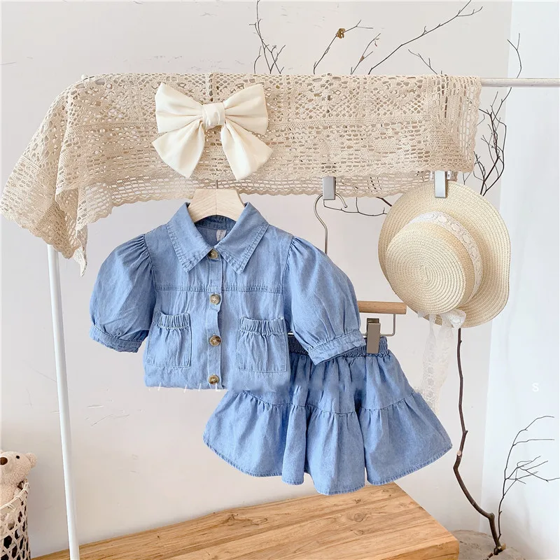 

Wholesale Toddler New Fashion Baby Girls Denim Bubble Sleeve Top Denim Shirt Two Piece Clothes Set