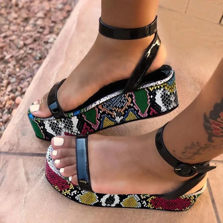 

2020 women's sandals Open Toe Colorful leopard snake print Platform Sandals Thick Sole Flat Women Wedges Sandals, Yellow, pink, leopard, snake