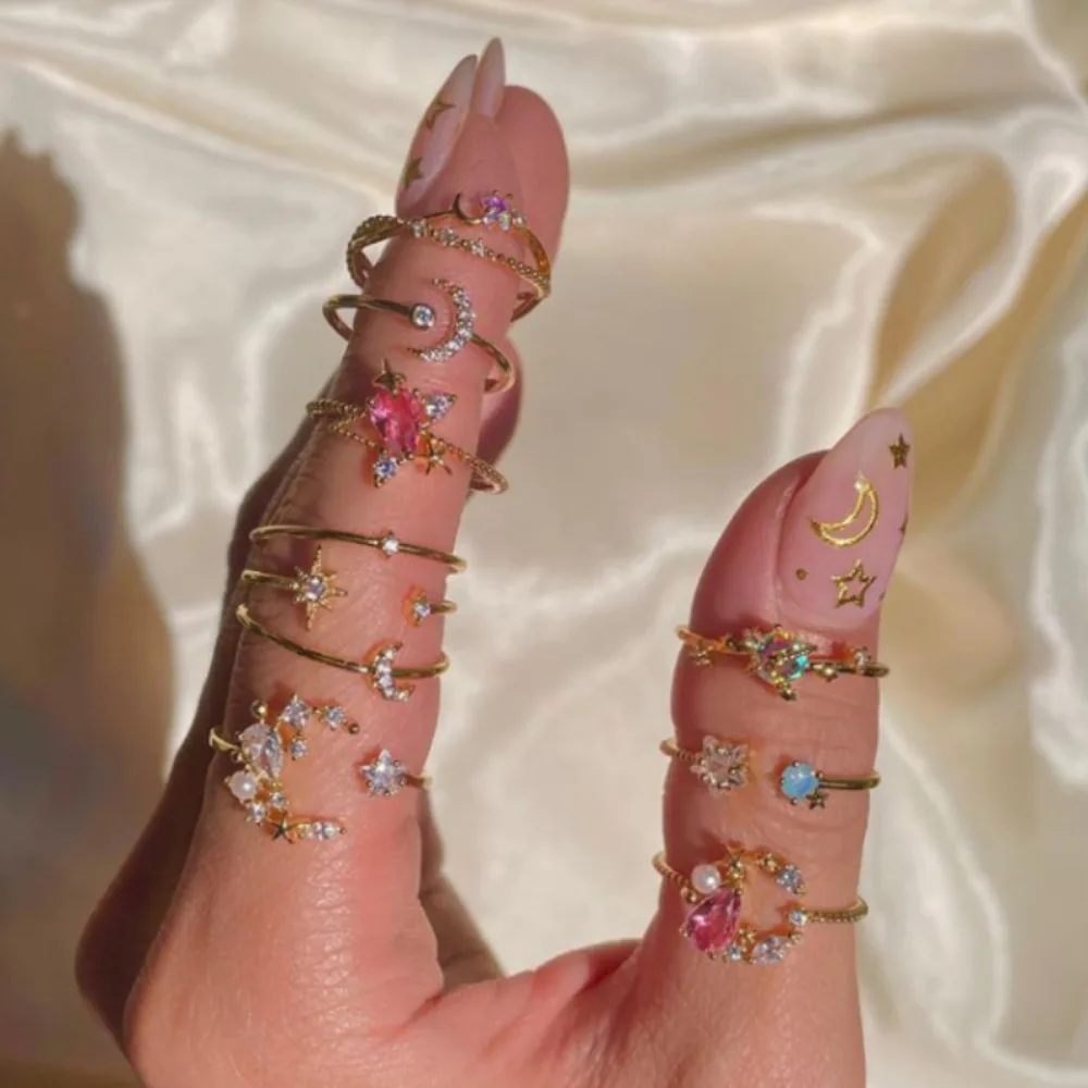 

INS trendy star design charms mini crystal brass gold plated CZ zircon fine jewelry gold moon rings