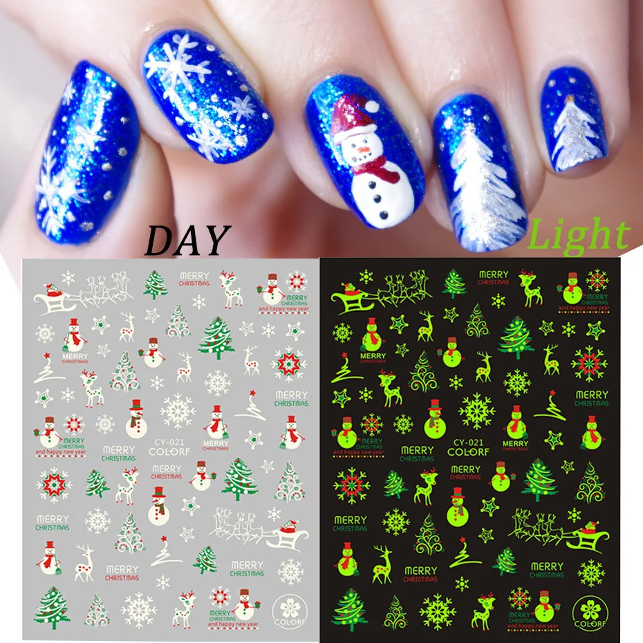 

Christmas Halloween Luminous Effect Flame Butterfly Rose Star Nail Art Glitter Glowing in Dark 3D Nail Polish Sticker, 27 styles