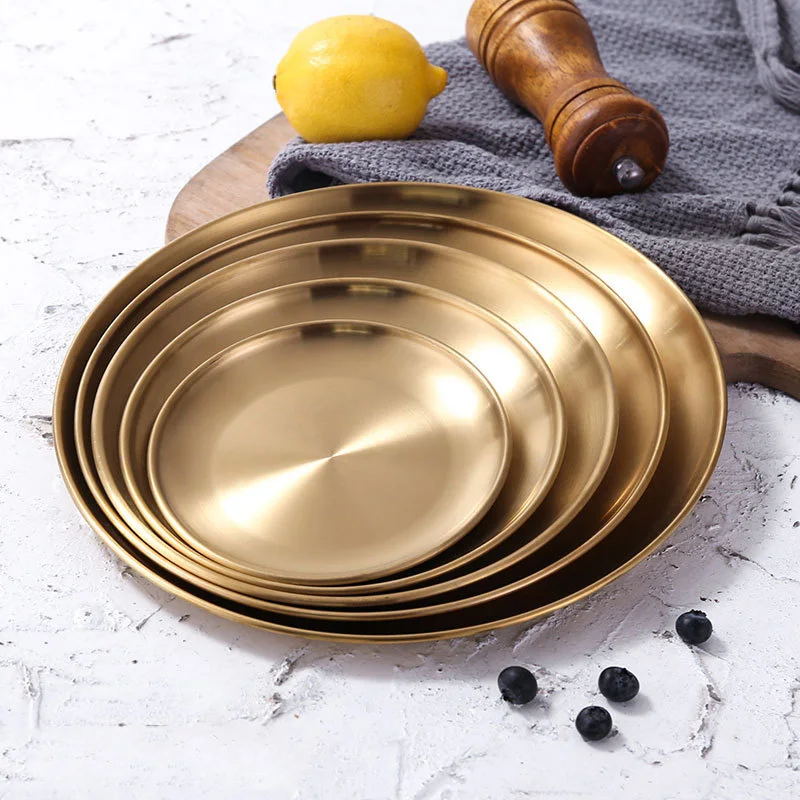 

Cake Tray Dinner Dishes Gold Dining Plate Table Service Tableware Round Plate Western Steak Round Tray Kitchen Plates