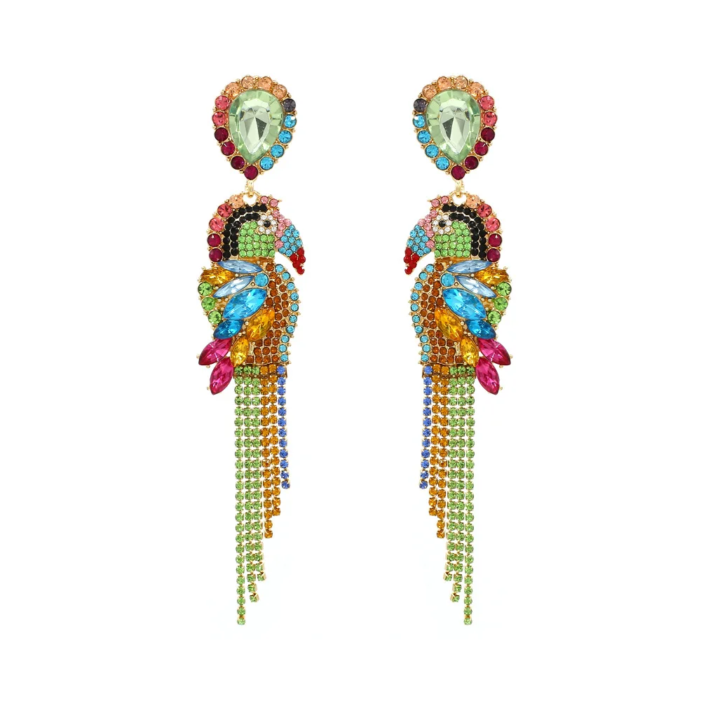

Colorful Crystal Rhinestone Parrot Tassel Drop Earrings For Women ZA Jewelry Cute Animal Dangle Earings (SK687), As picture
