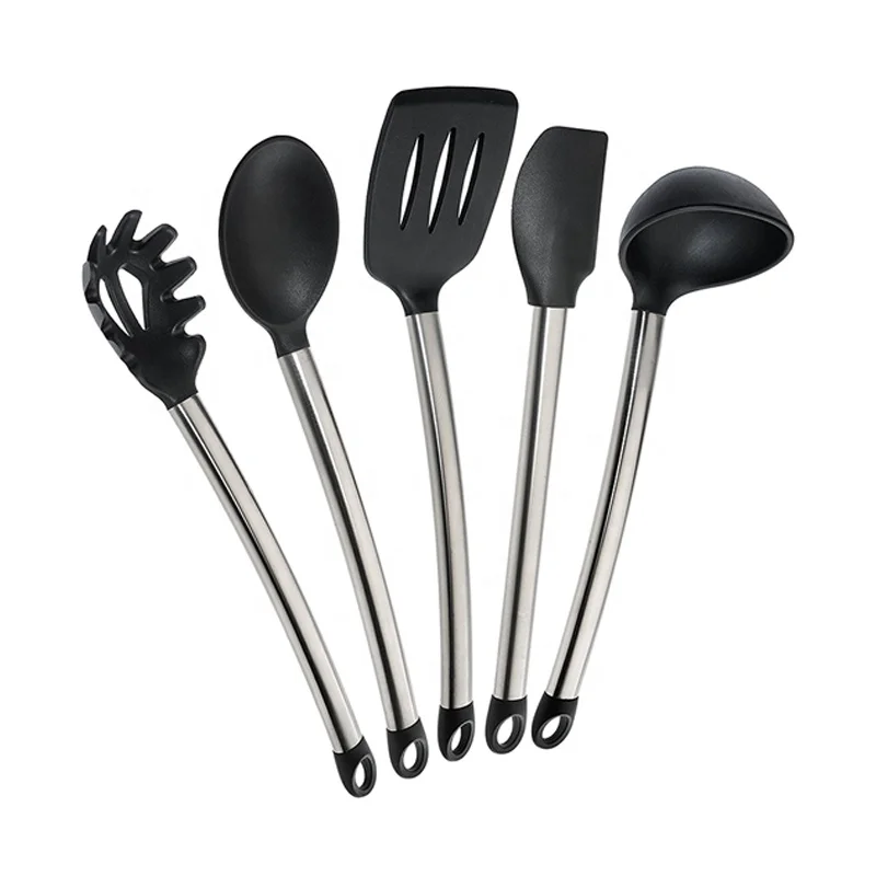 

5-Piece Stainless Steel Silicone Kitchen Utensil Set Includes Spatula, Spoon, Ladle, Spaghetti Server Slotted Turner