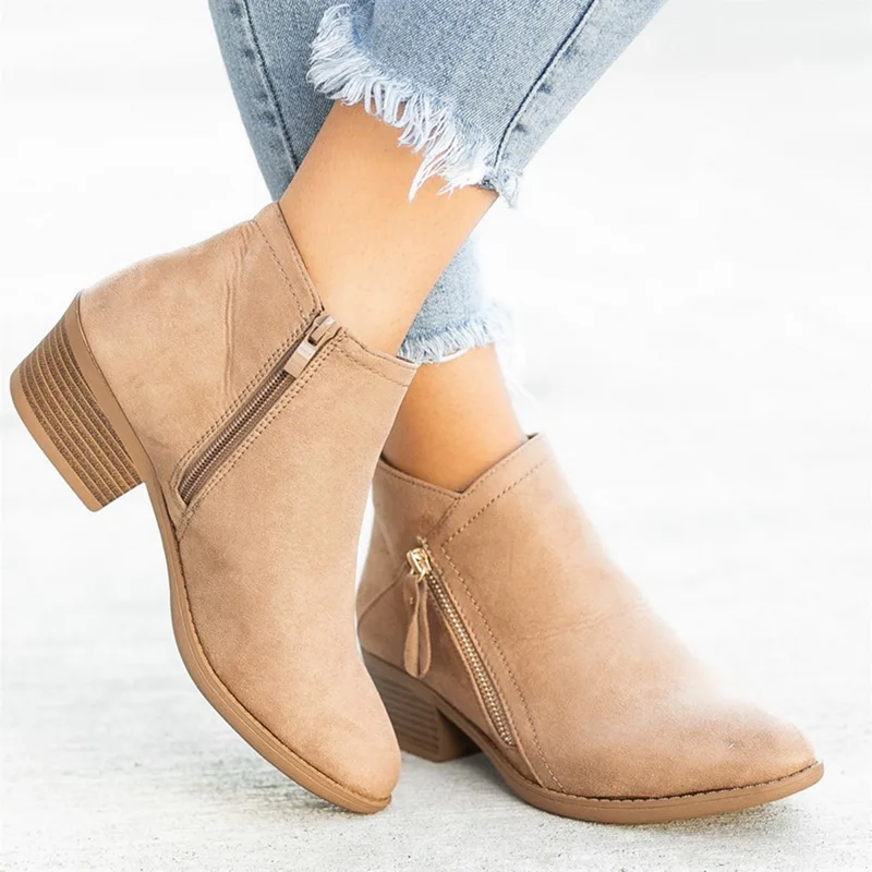 

Women Autumn Winter Flock Ankle Boots Slip-on Round Toe 3.5cm Square Heel Solid Casual Black Camel Booties Size 35-43