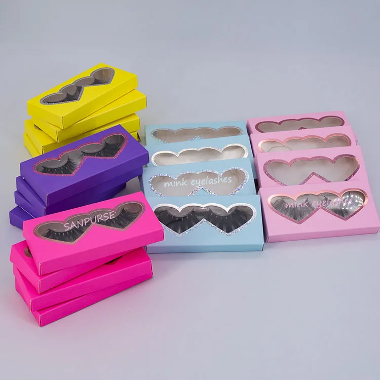 

READY TO SHIP custom lash box 12 - 25 mm mink & faux eyelashes packaging heart shape paper lash box, Pink / black / blue /