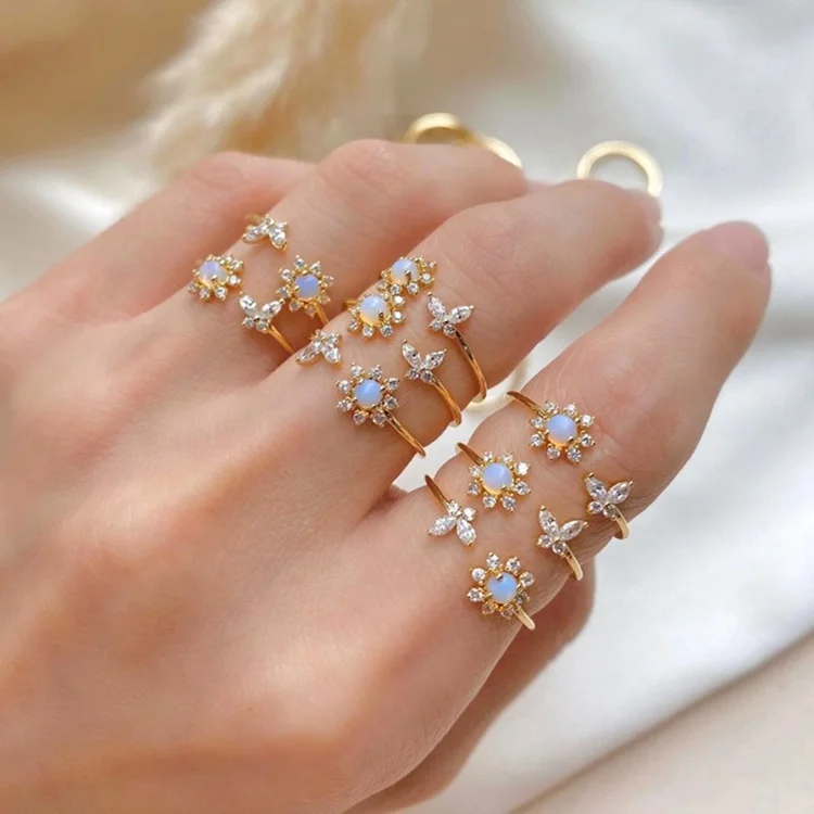 

Simple and Sweet Female Resizable Open Ring Butterfly Sunflower Opal Stone Rings, Gold
