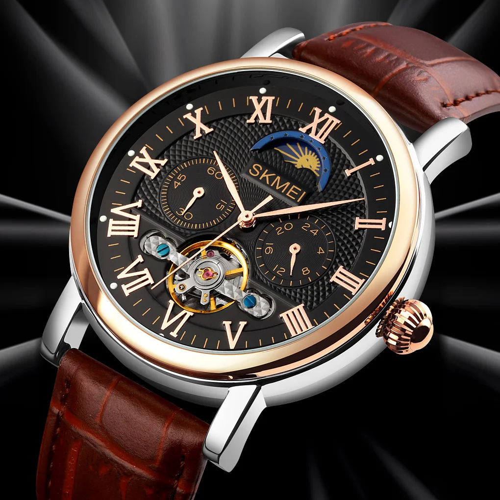 

SKMEI M026 New Mens Watches Leather Waterproof Casual Automatic Moon Phase Watch Relogio Masculino, 5 colors