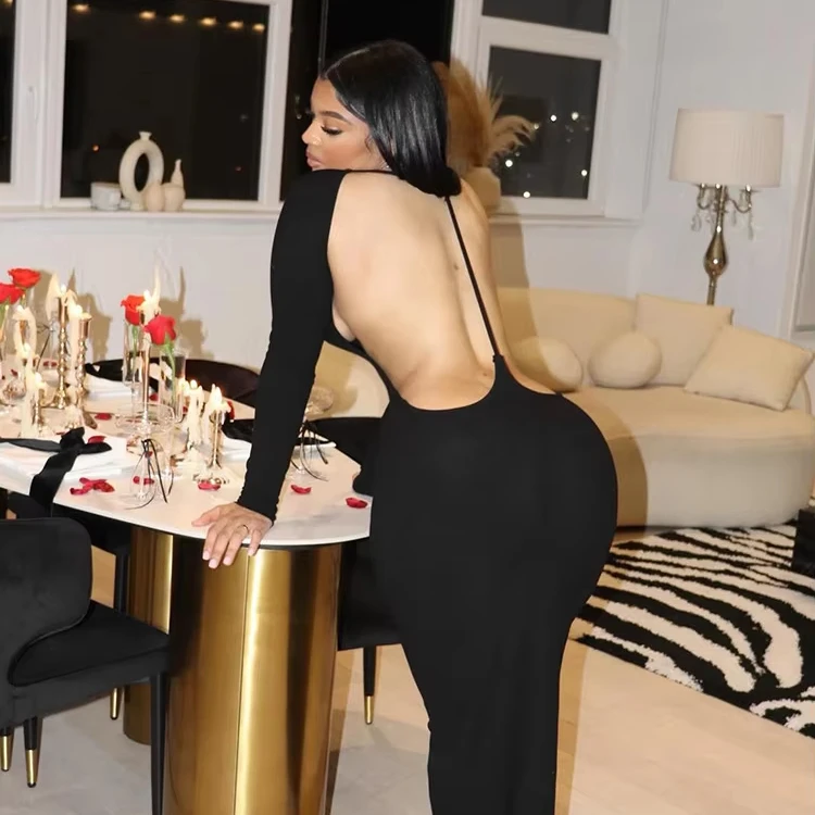 Best Quality Sexy Backless Black Sheath Dress Comfortable Long Sleeve Midi Dress Women