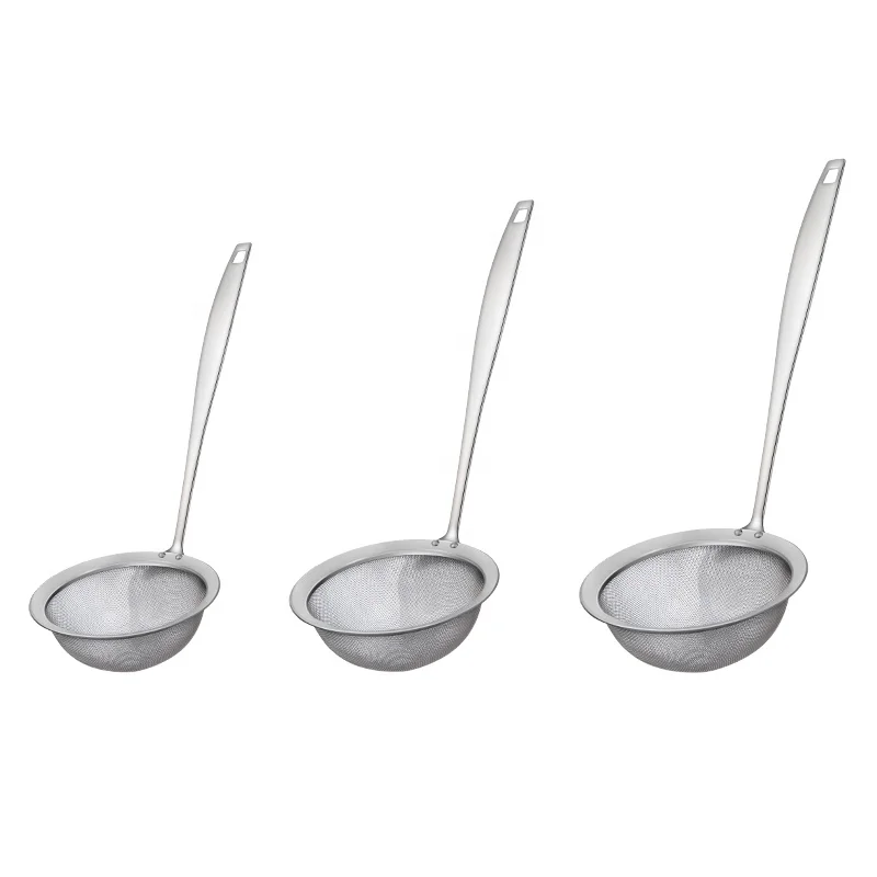 

SS304 wide edge mesh sieve strainer spoon kitchen cooking utensil cookware with long handle, Silver