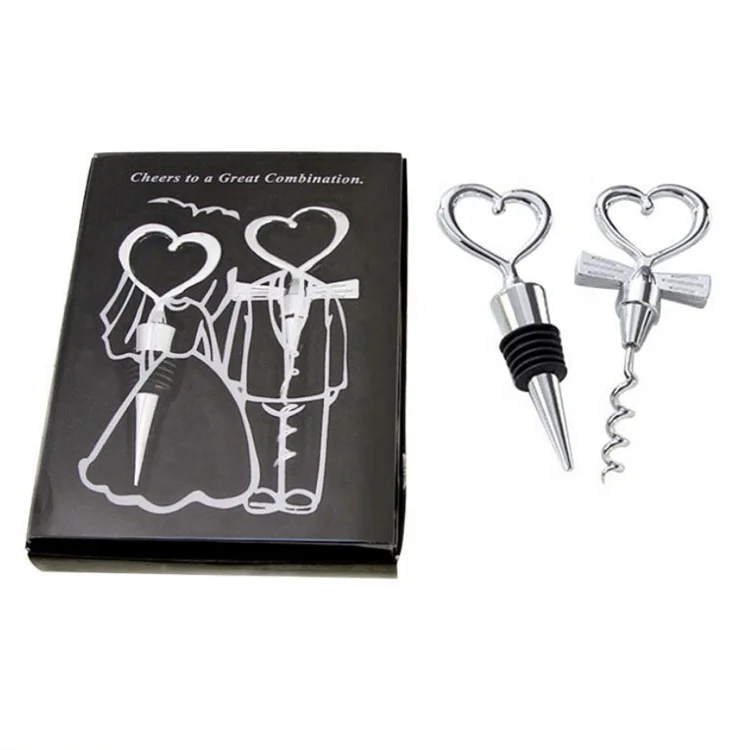 

Promotion wedding heart shaped wine opener and wine stopper gift set
