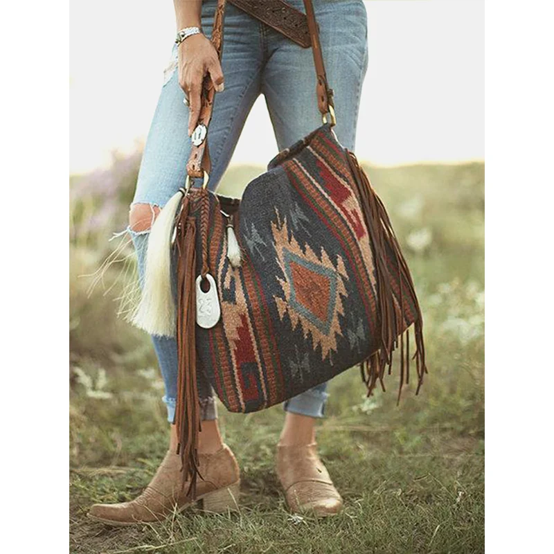 

In Stock Western Style Aztec Linen Canvas Fringe Shoulder Bag