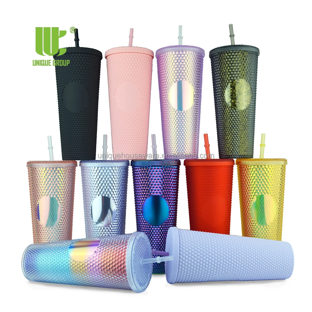 

2021 Popular 24oz Plastic Double Wall Insulated Crystal Grid Studded Tumbler Cups Stud Mug With Straw, All side stunning