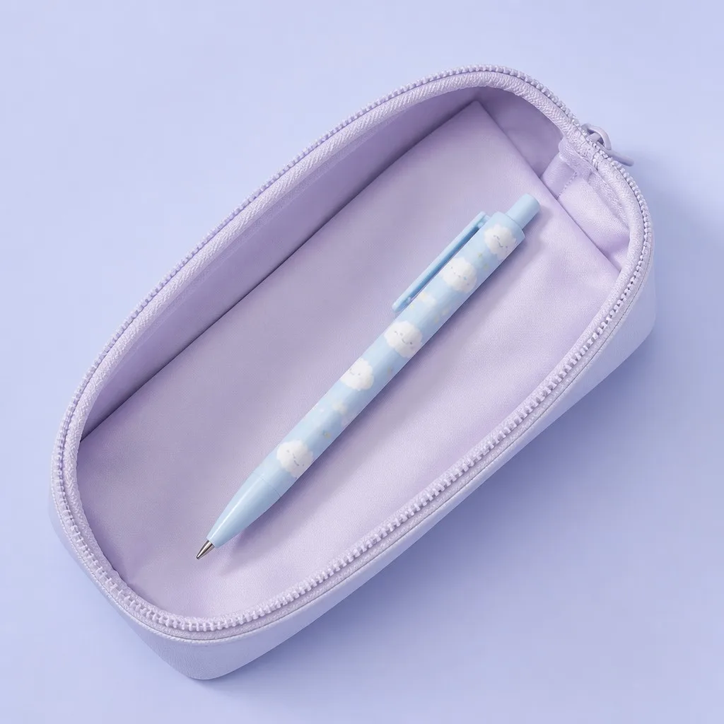 Light blue cloud pattern pen inside a lavender pencil case