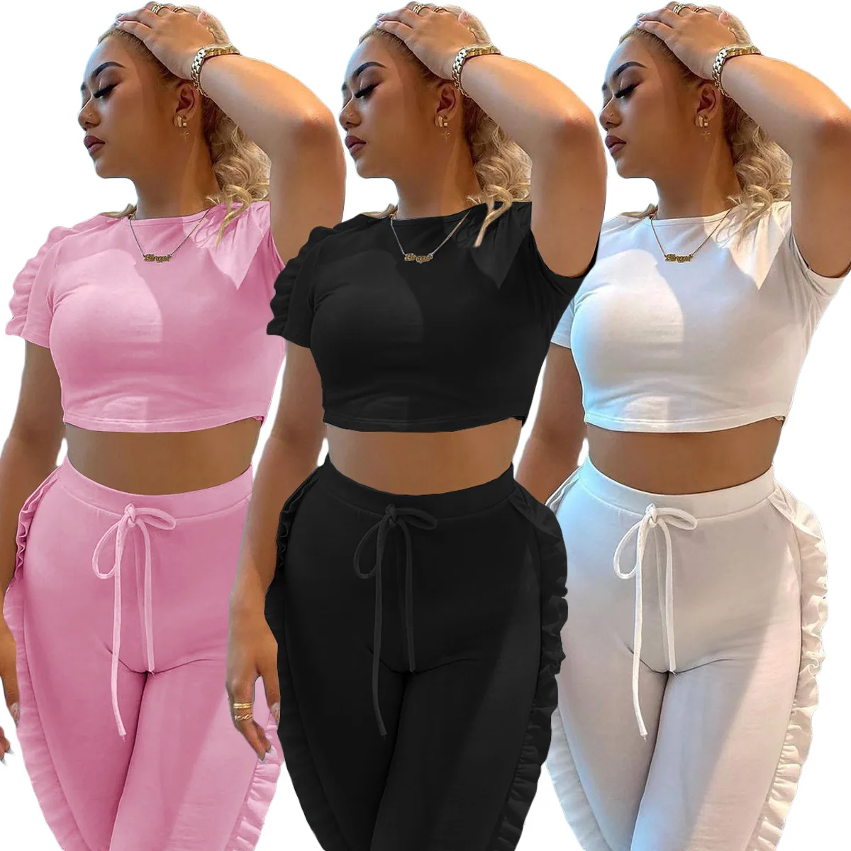 

New arrival two piece pants set women clothing solid color O-neck crop top and joggers sets side ruffle casual women sets, As picture