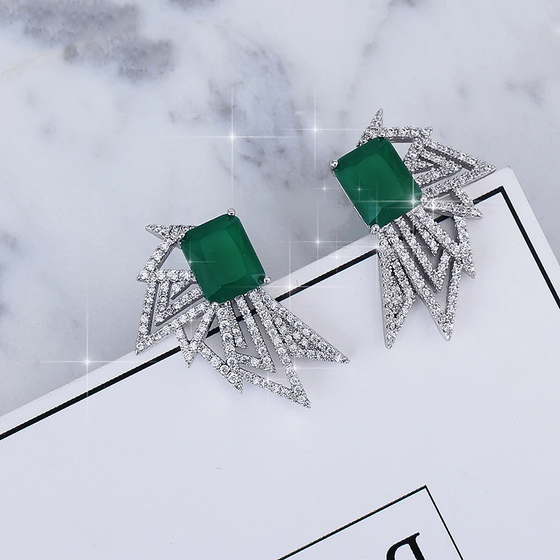 

Square Zircon Stone Stud Earrings Angel Wings Design Luxury Style for Women Wedding Celebration Banquet Jewelry XIUMEIYIZU Hot, Green,white