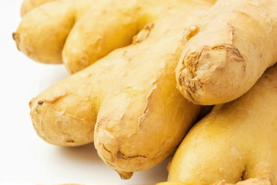Fresh ginger root showing knobby rhizomes with golden interior