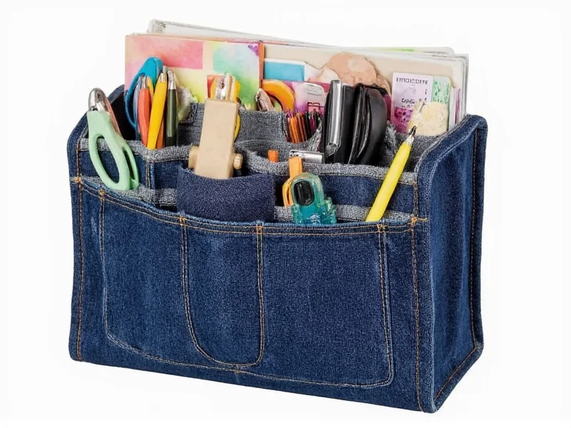 Finished denim pocket organizer holding office supplies