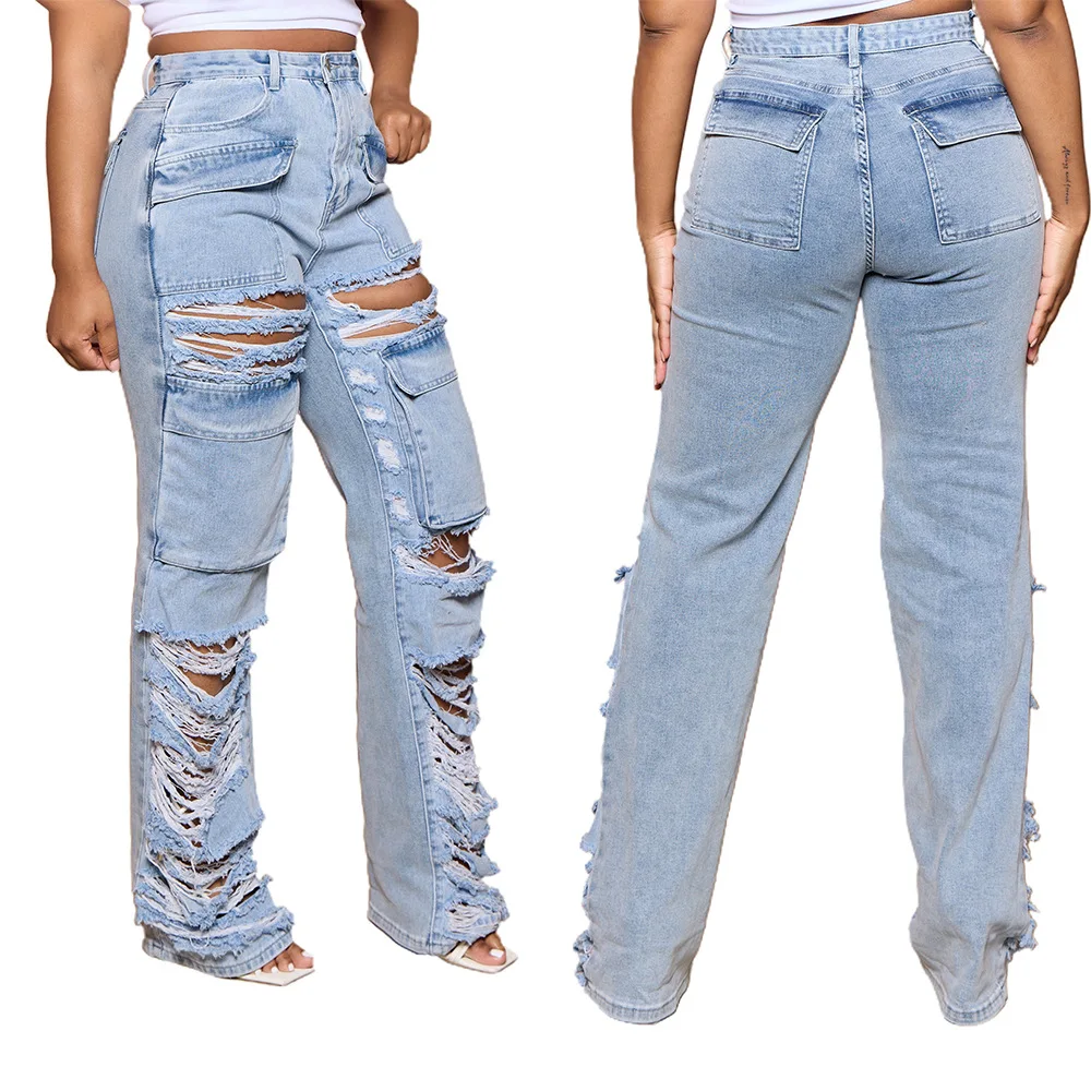2025 New Fashion Ins Elastic Hole Wide Leg Pants Denim Jeans for Women Plus Size Women's Jeans