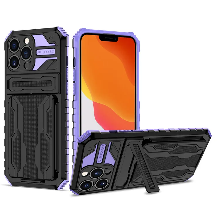 

Wholesale Luxury Armor Phone Stand Case Card Bag Mobile Phone Cases for iPhone 13 12 11 Pro Max XS Max XR 8 7 Plus Phone Case, Black, purple, green, pink, blue, red