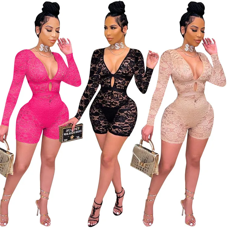 

Sexy Night Club Style Women Lace See Through Shorts Jumpsuit V Neck Cutout Tight Jumpsuits, As picture