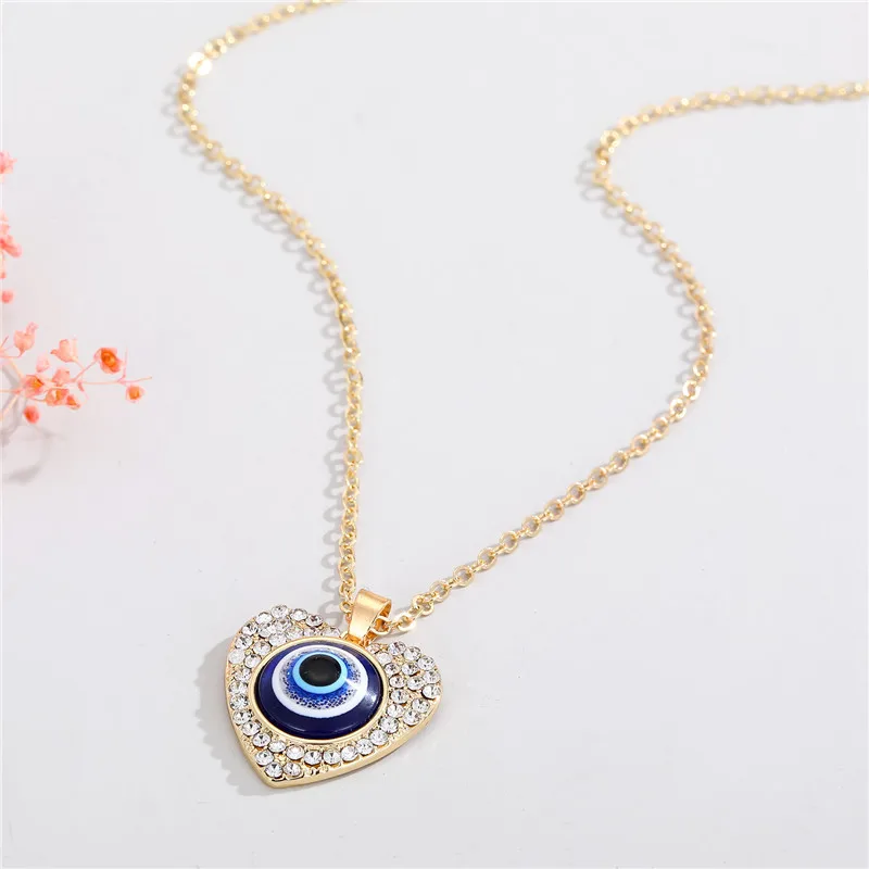 

Hot Wholesale Jewelry Crystal Rhinestone Heart Pendant Necklaces Blue Oil Drip Evil Eyes Necklaces For Women Girl