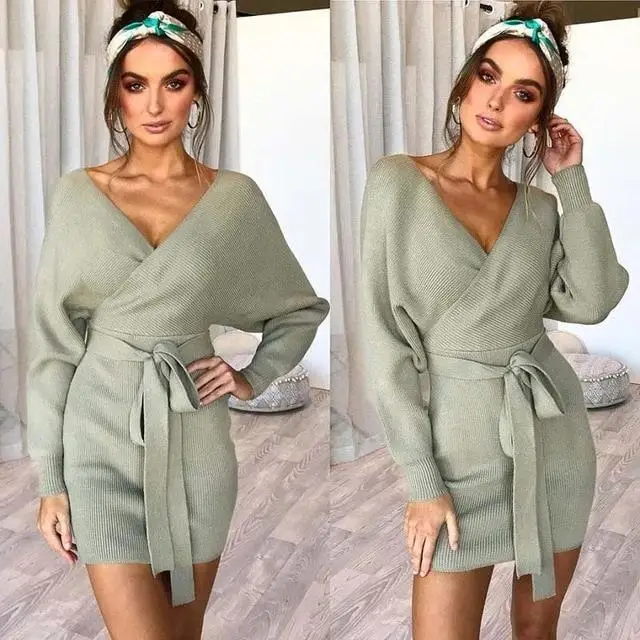 

New 2021 Lady's Trendy Fall Winter Plus Size Long Sleeve V-Neck Backless Knit Sweater Dresses For Office Wear Work Formal Wear