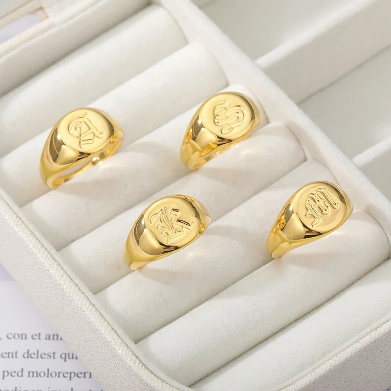 

Best gift for Christmas real gold plated old fashioned initial letter engraved charm rings for women jewelry, As the pic show