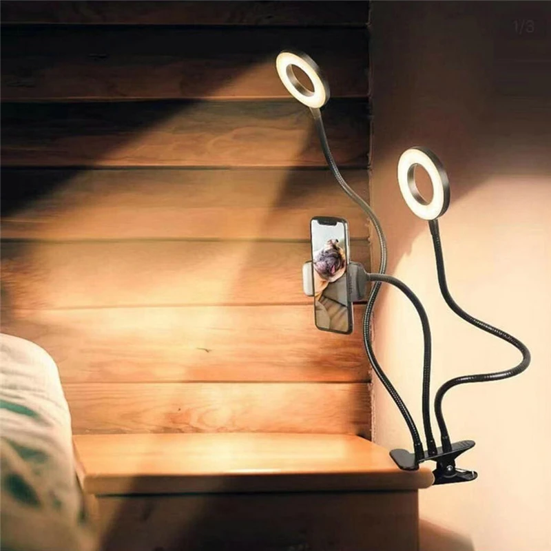 

Video Live Broadcast Photographic Lighting Flexible Portable Long Arm Two Led Circle Selfie Ring Light with Phone Holder, Warm natuaral white