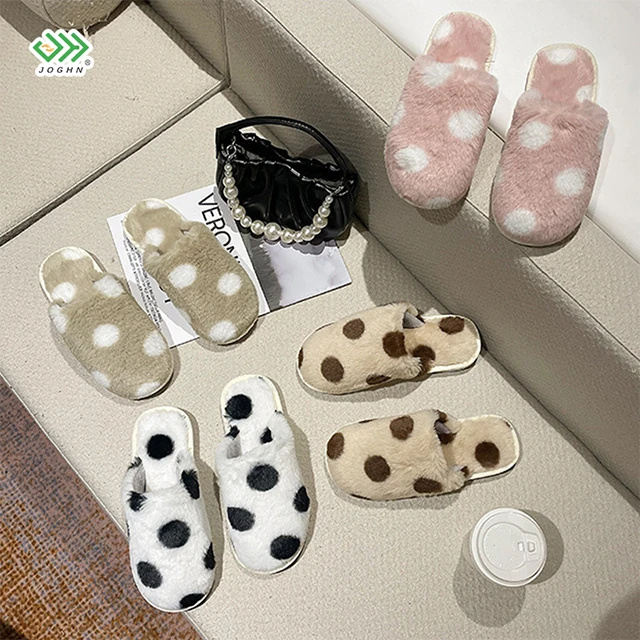 

korean house slippers JOHN Wholesale Autumn and Winter Home Non-slip Soft Bottom Cotton Warm Wave Point korean house slippers, White, khaki, pink, dark brown