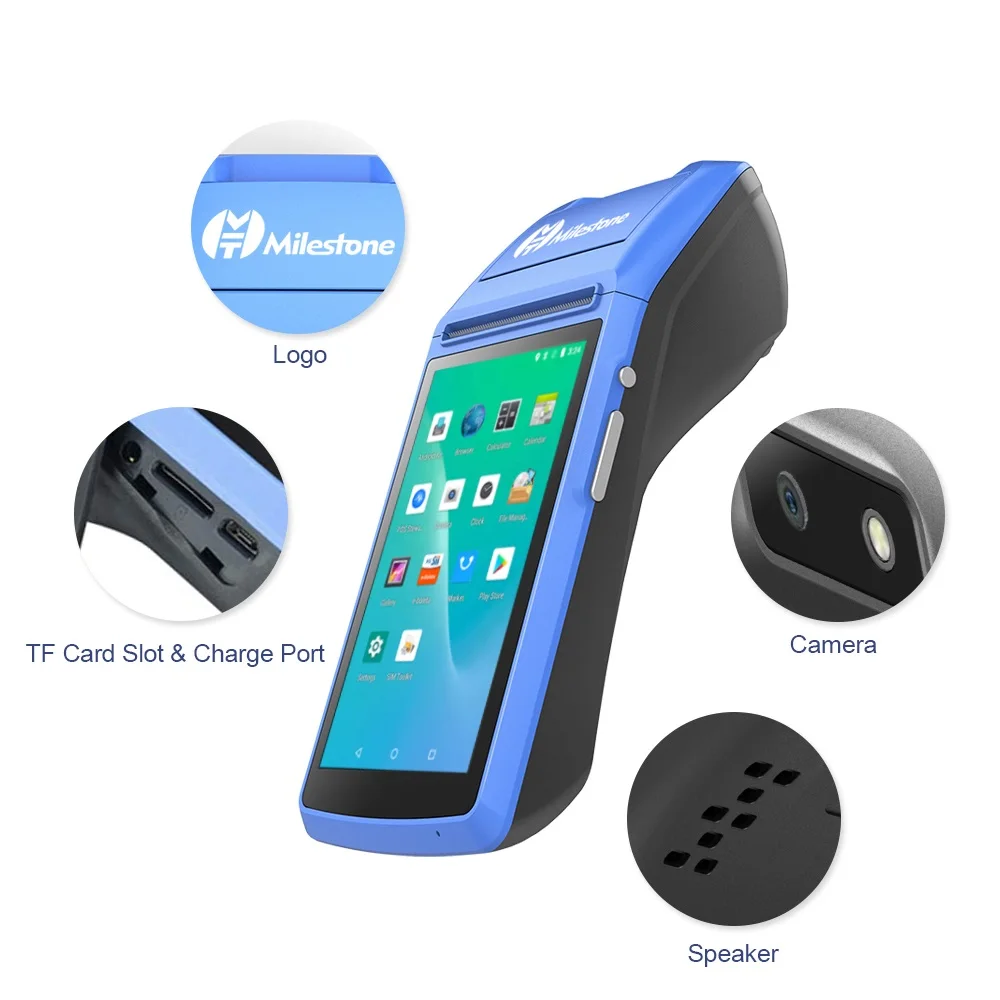 

Milestone MHT-M1 Android8.1 mobile pos terminal with nfc camera sim card gps gprs 58mm thermal receipt printer