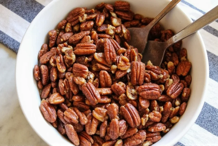 Close-up of golden brown cinnamon roasted pecans on baking sheet with cinnamon sticks