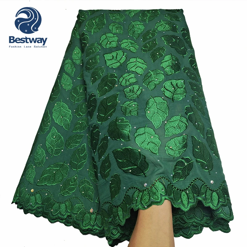

African Swiss Voile lace Embroidered Cotton Green Lace Fabric with stones