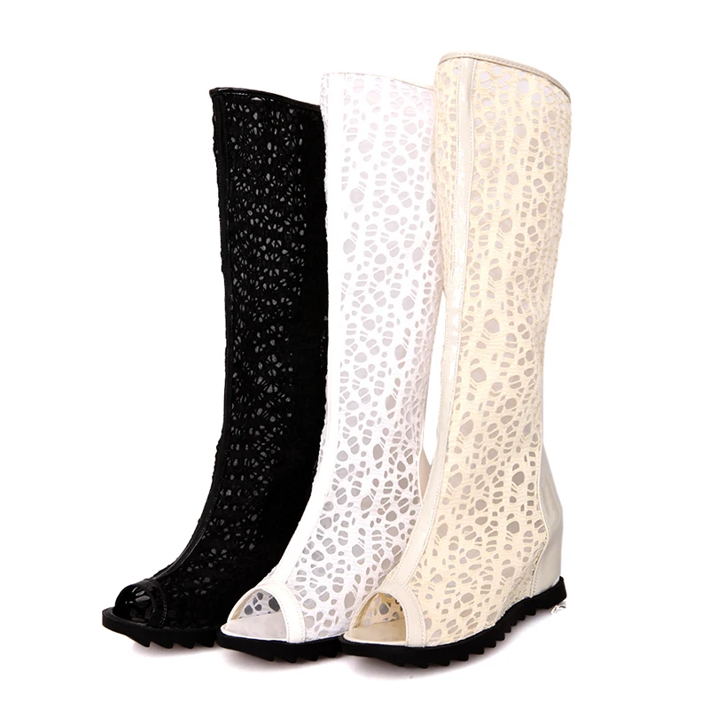 

Summer Boots Women Shoes Cutout Mesh Boots High Heel Wedges Lace Spring Autumn Boots, Black/apricot/white