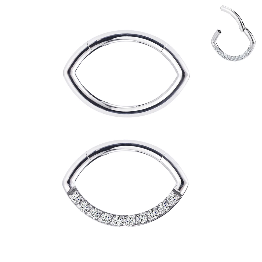 

ASTM F136/G23 Titanium 9 Piece of Cubic Zircon Blaze Set Curve Top Internally Geometric Nose Ring Hinged Hoop Piercing Jewelry