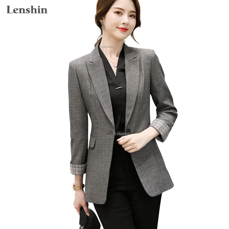 

OEM Wholesale Dropship High-quality England Style Plaid Blazer Coat with Pocket for Women Single Button Fashion Outwear Jacket, Black, gray