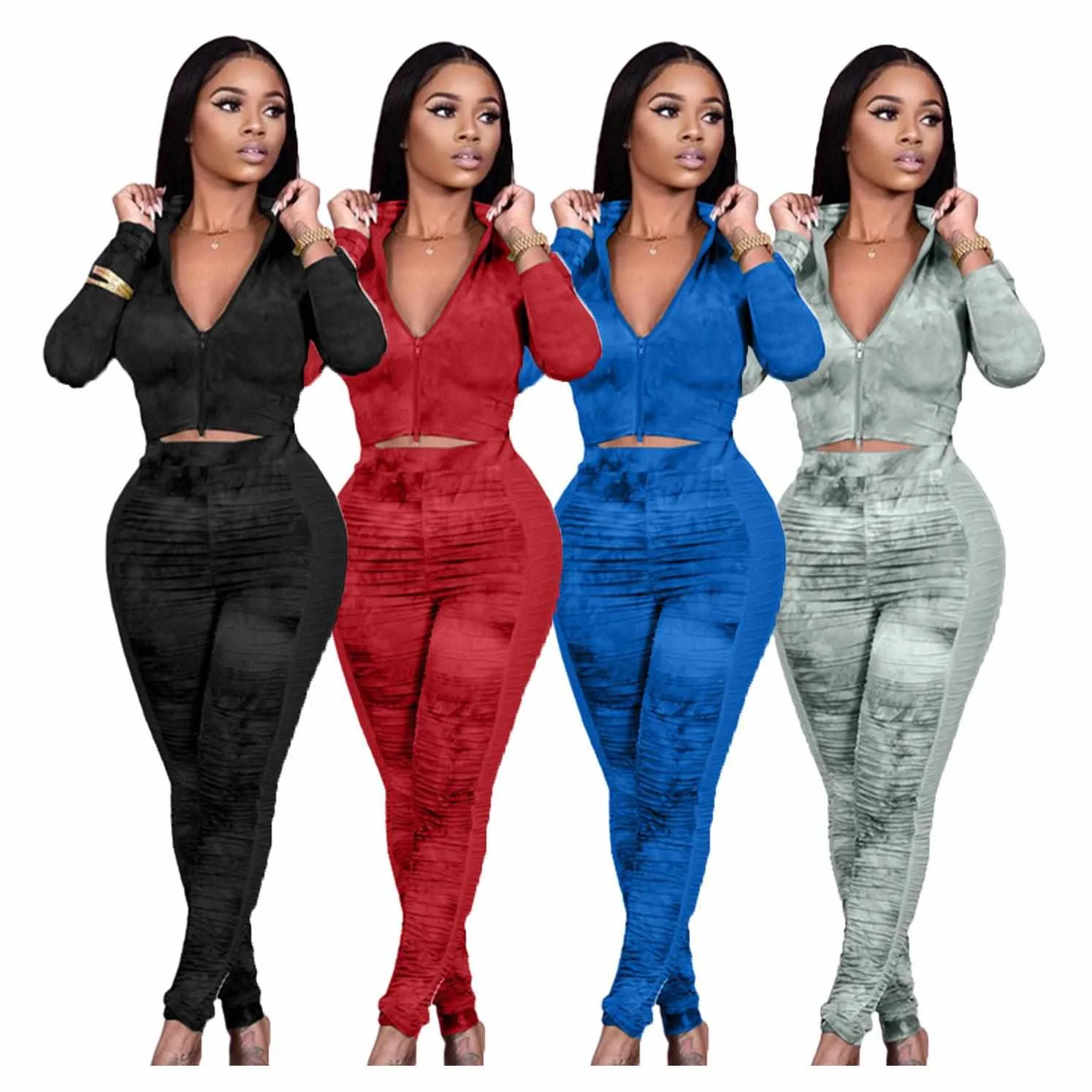 

Fashion New Printed Patchwork Crop Tops Women Two Piece Pants Set Pleated Jogger Suit Set