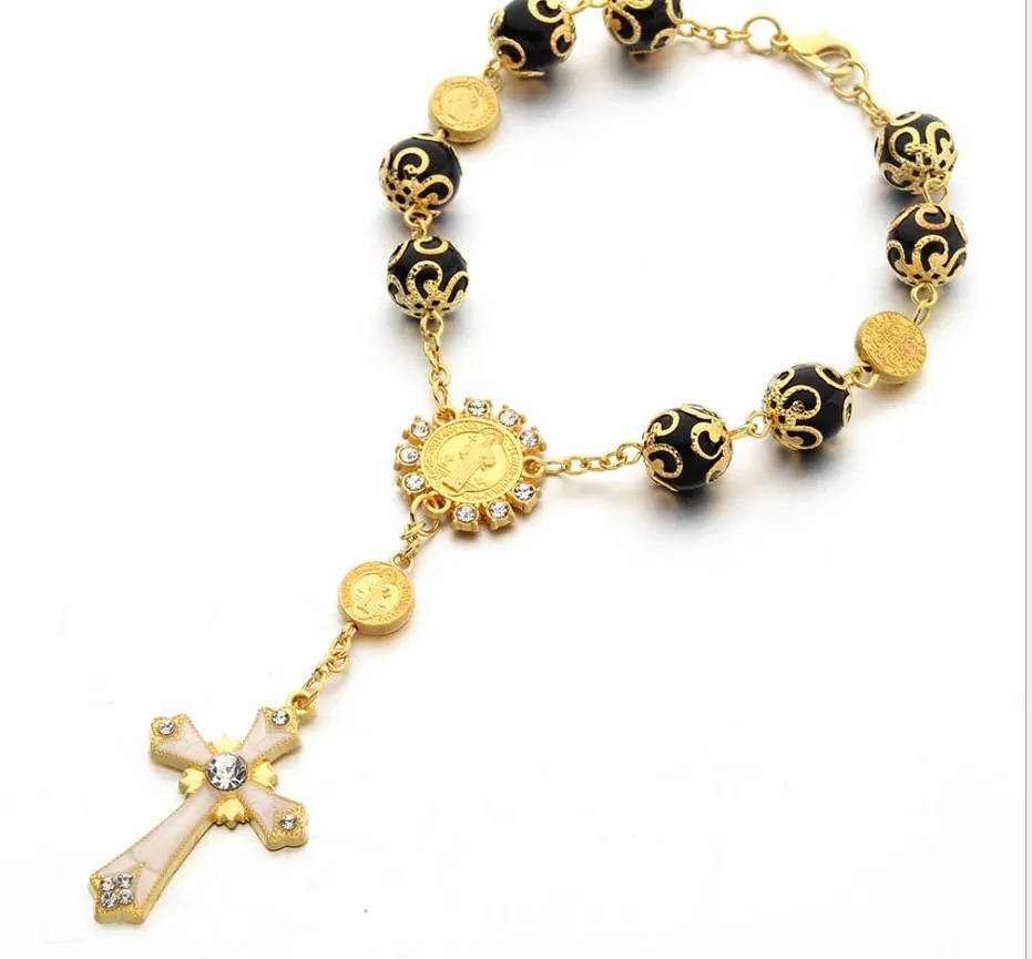 Wholesale Cross Catholic Rose Gold Beaded Rosary Bracelets Jesus