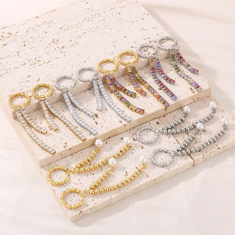 

Luxury Shining Zircon Earrings Stainless Steel Tassel Earrings Cz Diamond Chain Tassel Earring For Woman