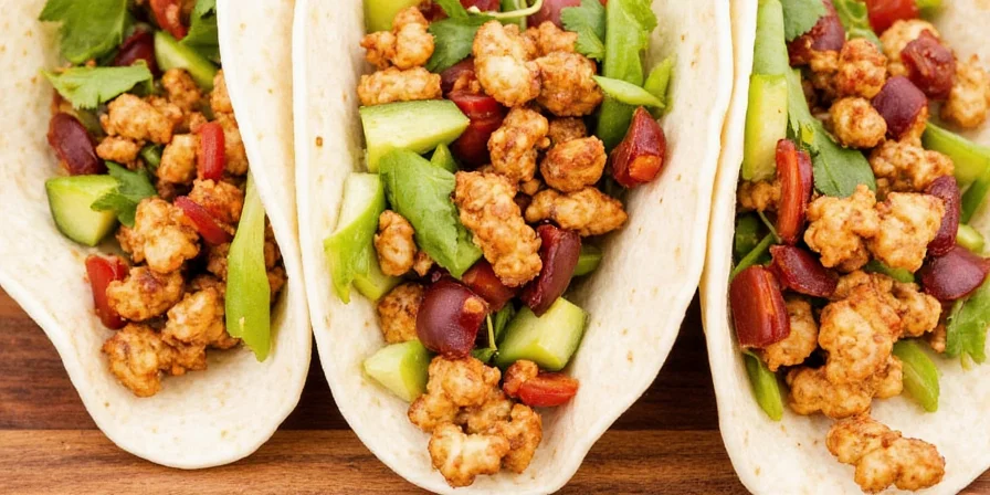 Close-up of a jackfruit taco topped with fresh cilantro, avocado, and spicy sauce