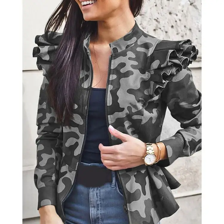 

PEARL Jacket Coats Women Autumn Winter Long Sleeve Ruffle Panelled Camouflage Printed Plus Size Coats