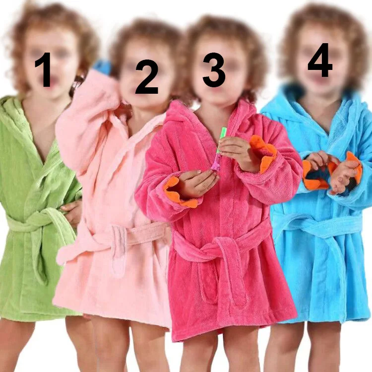 

Summer 2021 Child Dinosaur Print Bathrobe Candy Color Soft Coral Fleece Hooded Lace Casual Nightgown, Customized color