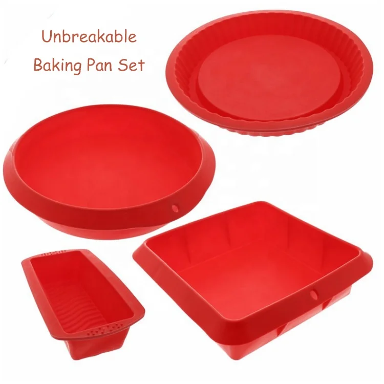 

Wholesale 4 Piece Square Rectangular Round Shape Baking Pans Pizza Toast Bread Cake Silicon Molds Bakeware Sets, Red