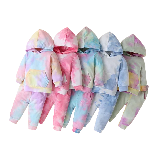 

New Spring 2021 Children long sleeve Sweaters Tie dyed Hooded Sweaters Baby two pieces set girls clothing sets for Autumn, As pic shows, we can according to your request also