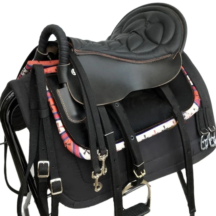 

High quality western jumping leather sport horse barrel saddle, Black,red.