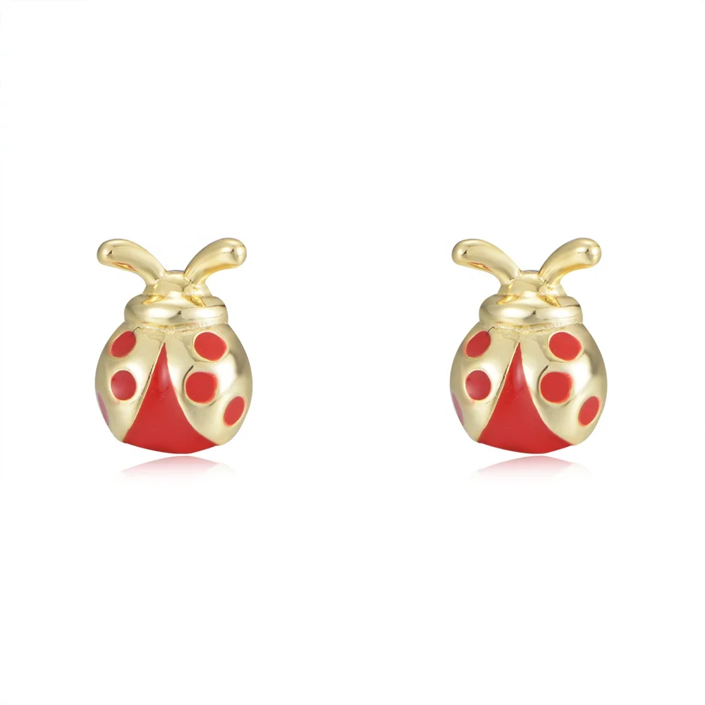 

cute Letter Ladybug Insects kids jewelry Discoloration psj S925 Sterling silver 14k gold plated enamel Stud Earrings for girls
