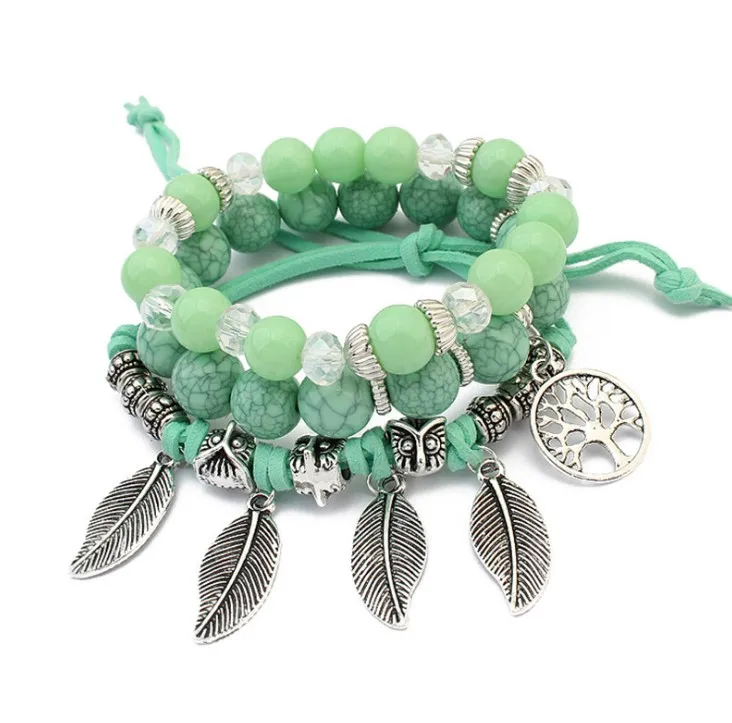 

New European and American retro life tree leaves multi-layer bracelet, Multicolor