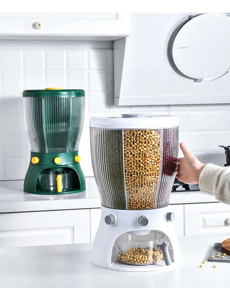 

Divided Proof Plastic Rice Grain Dispenser Automatic Cat Dry Food 360 Degree Rotating Storage Kitchen Container Sealed Box, White & green