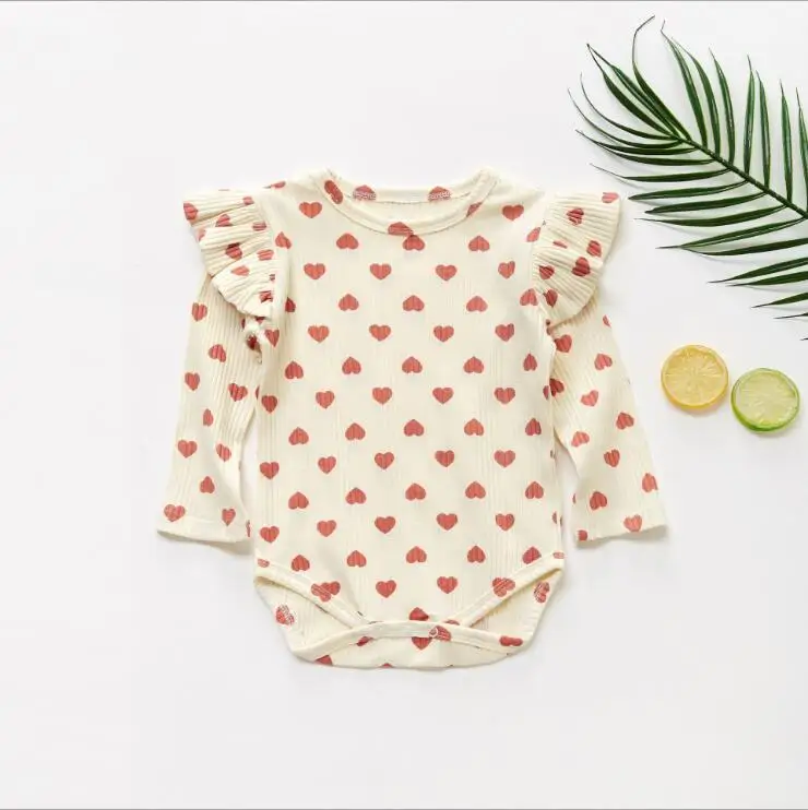 

Infant Clothing Baby Girls' Rompers Heart Printing Long Sleeve Ribbed Baby Bodysuits Hot Sale Spring Autumn Floral